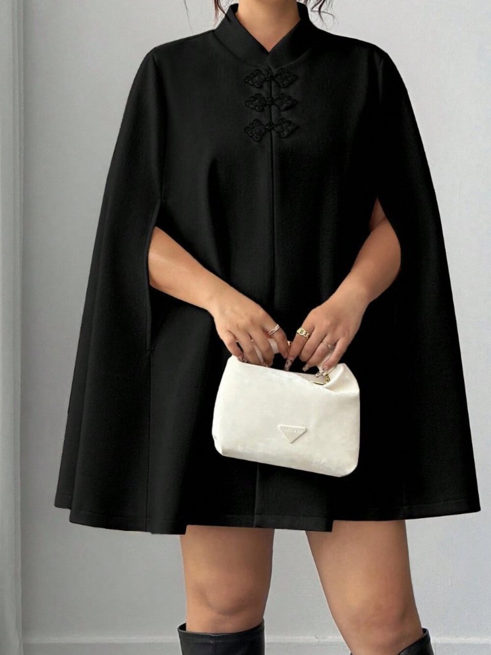 Black Elegant Women's Slim Fit Mandarin Collar Cloak Cape